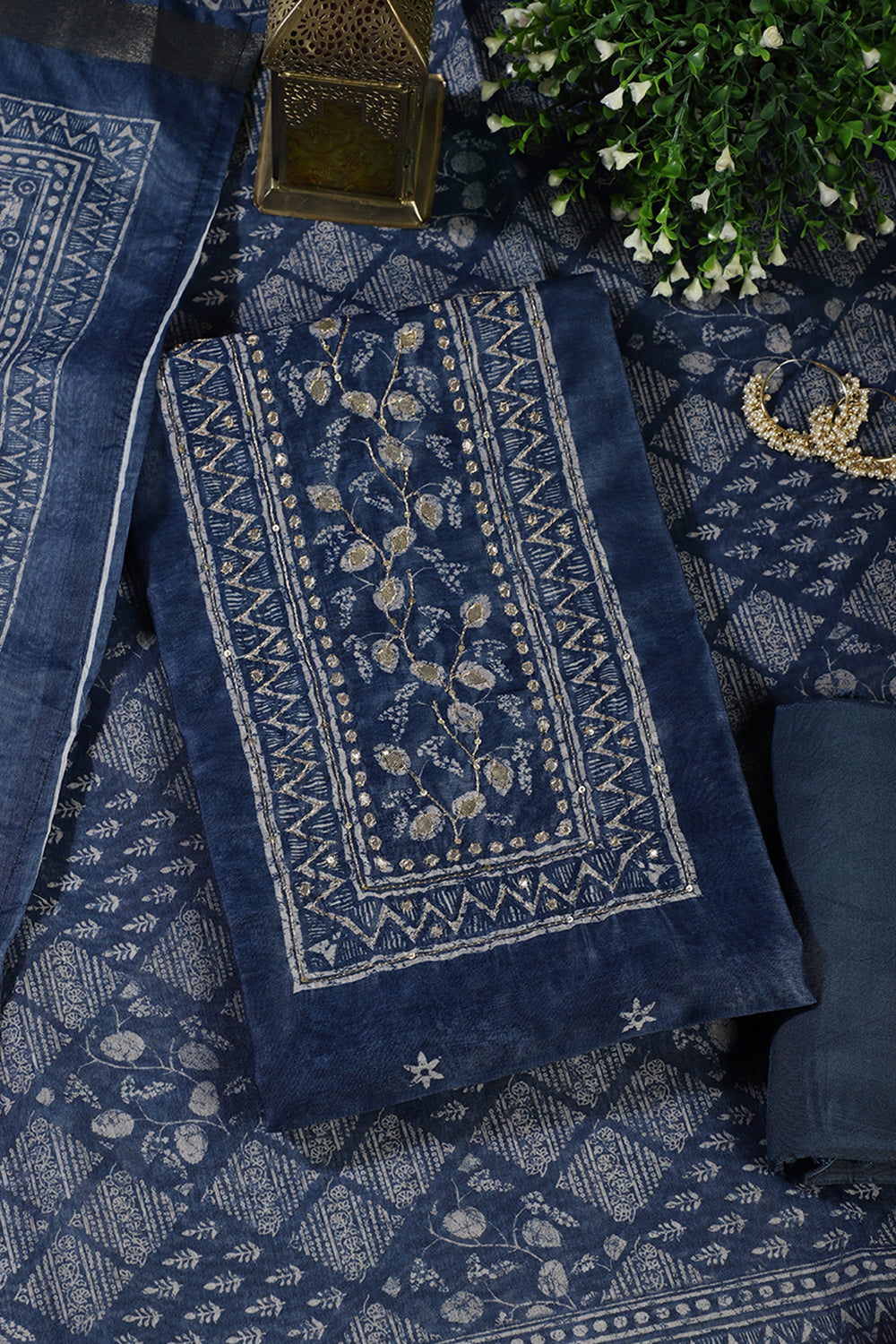 Pacific Blue Printed and Gota-Patti Work Chanderi Cotton Unstitched Suit Material