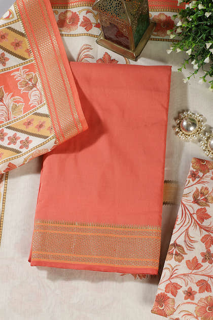 Peach Cotton Unstitched Suit Material With Floral Printed Dupatta & Salwar