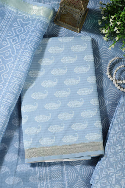 Light Blue Cotton Boota Block Print Unstitched Suit Fabric
