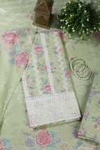 Green Color Cotton Flower Printed and Lace Work Unstitched Suit Fabric