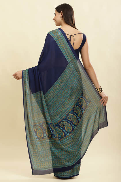 Navy Crepe Printed Saree