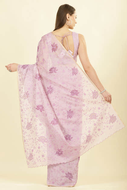 Lavender Floral Resham Embroidered Cotton Saree