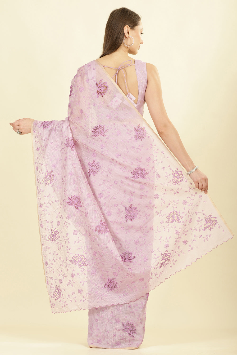 Lavender Floral Resham Embroidered Cotton Saree