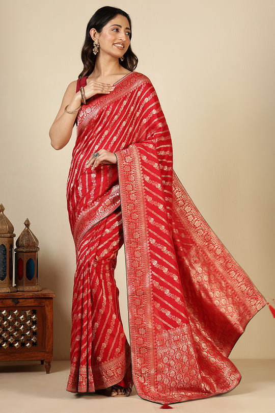 Red Color Banarasi Woven Tussar Silk Saree