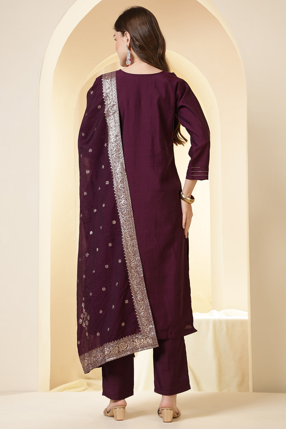 Dark Scarlet Silk Embroidered Suit Set