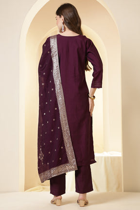 Dark Scarlet Silk Embroidered Suit Set