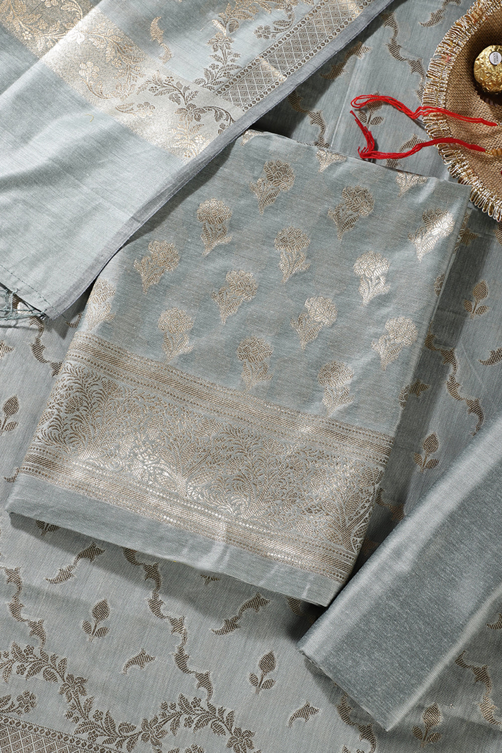 Sea Green Silk Zari Woven Unstitched Suit Material