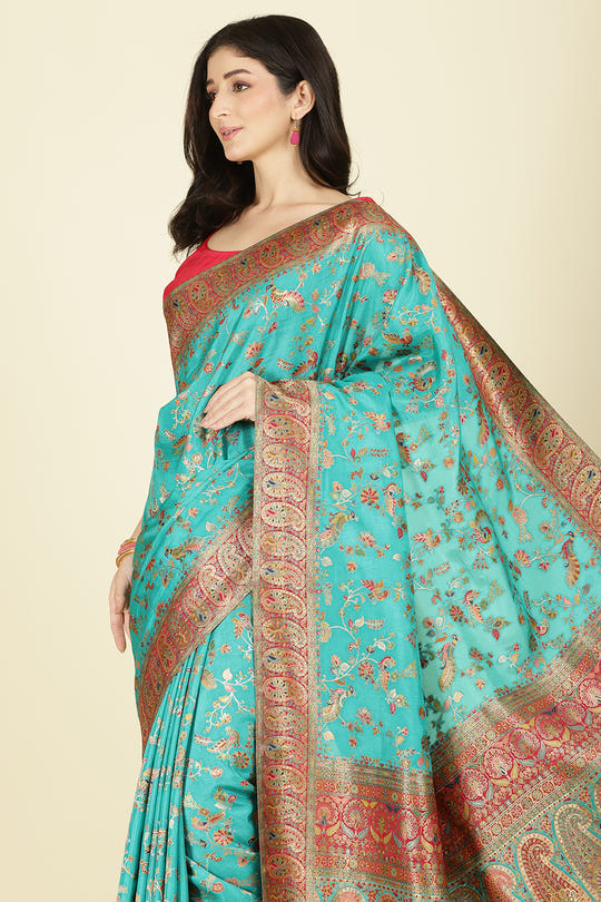 Teal Silk Madhubani Woven Saree