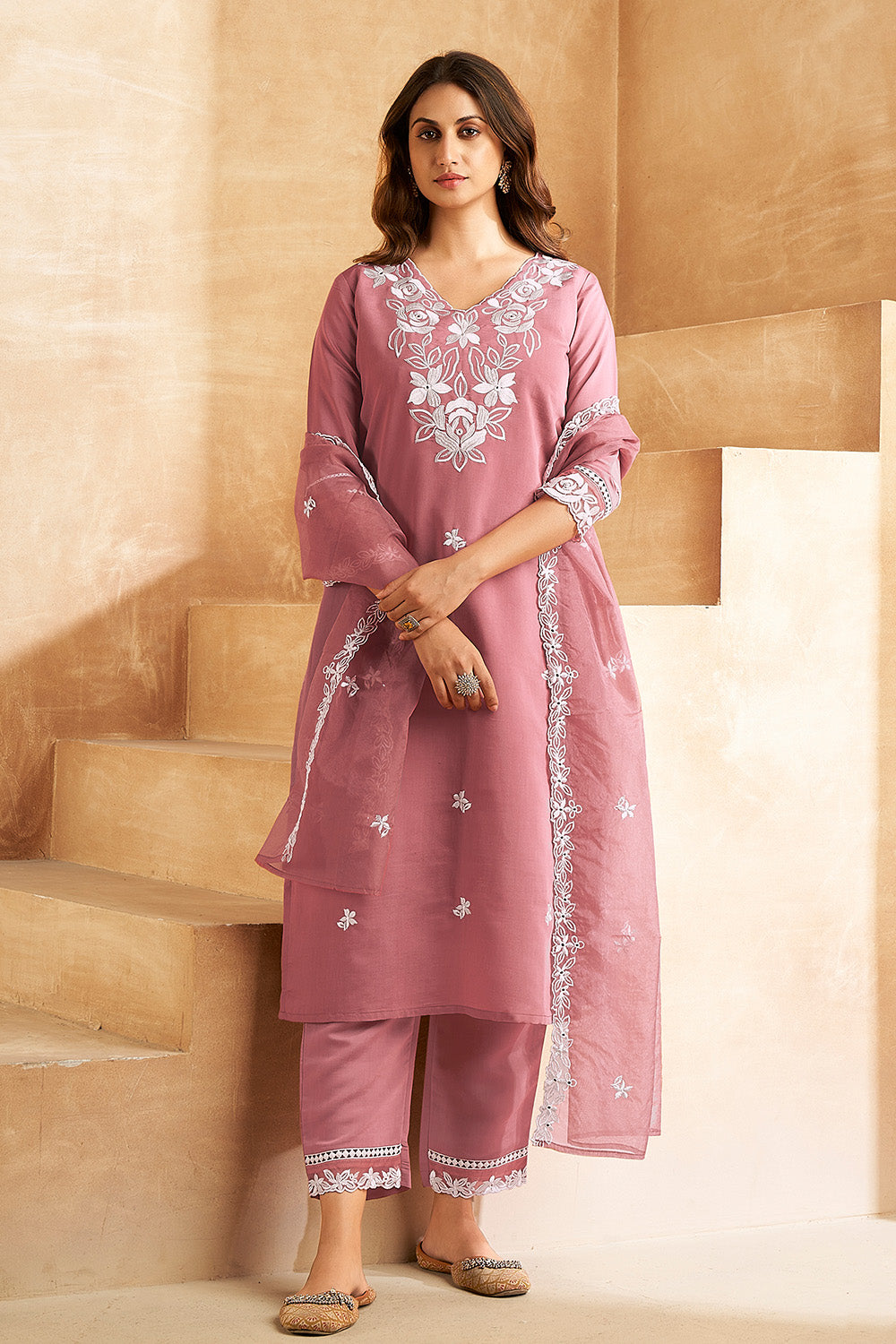 Peach Color Muslin Resham Embroidered Suit