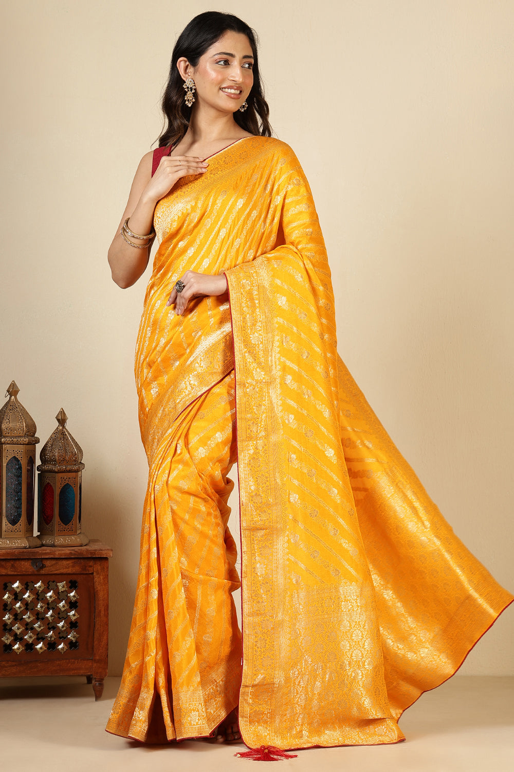 Mustard Color Banarasi Woven Tussar Silk Saree