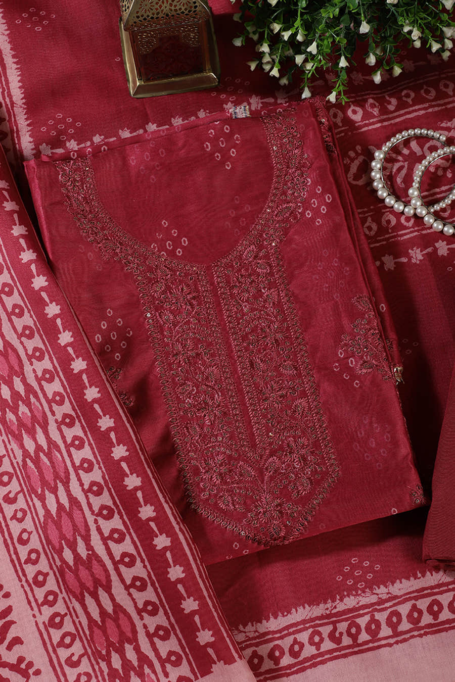Deep Carmine Chanderi Silk Printed And Embroidered Unstitched Suit Material