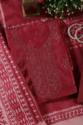 Deep Carmine Chanderi Silk Printed And Embroidered Unstitched Suit Material