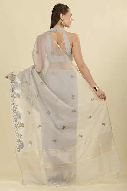Grey Kota Cotton Floral Resham Embroidered And Zari Woven Saree