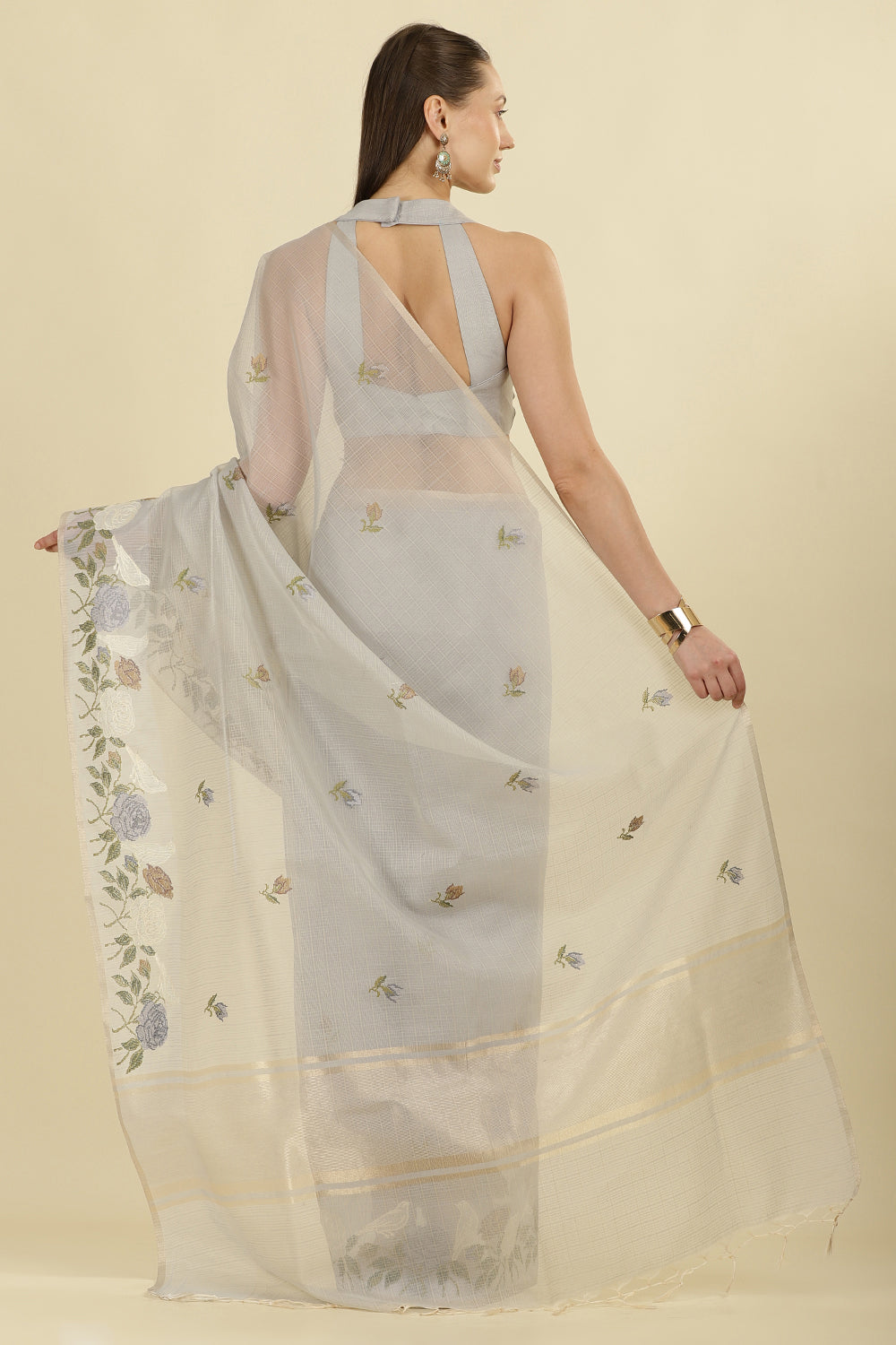 Grey Kota Cotton Floral Resham Embroidered And Zari Woven Saree