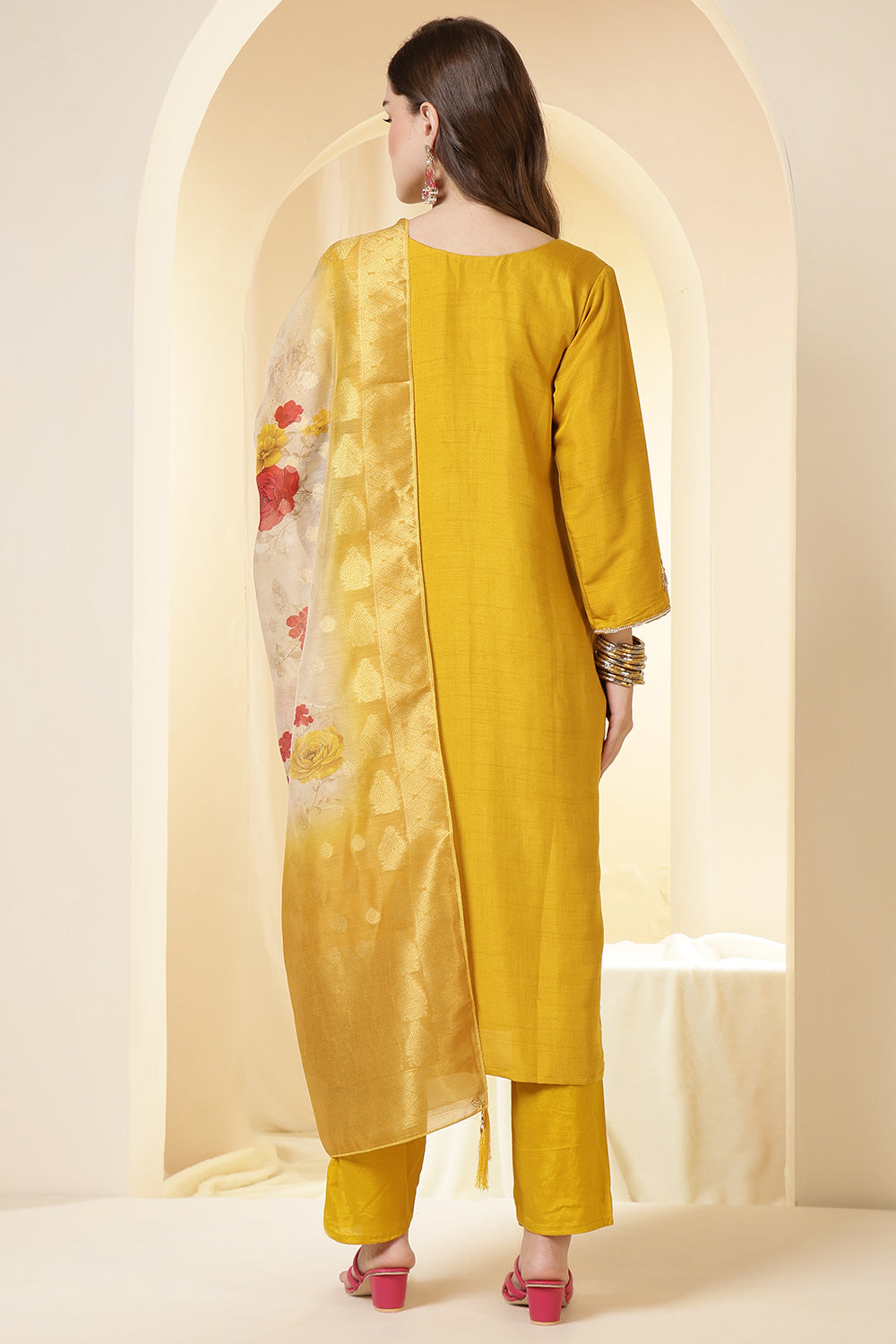 Mustard Color Silk Suit Set With Neck Embroidered & Floral Printed Dupatta