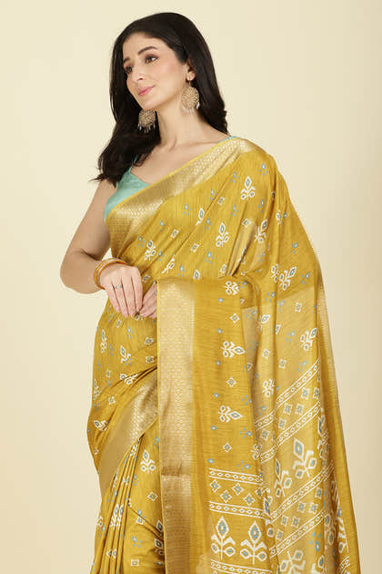 Mustard Cotton Silk Printed And Zari Woven Saree