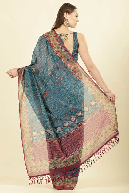 Blue Organza Cotton Bandhani Block Printed Saree
