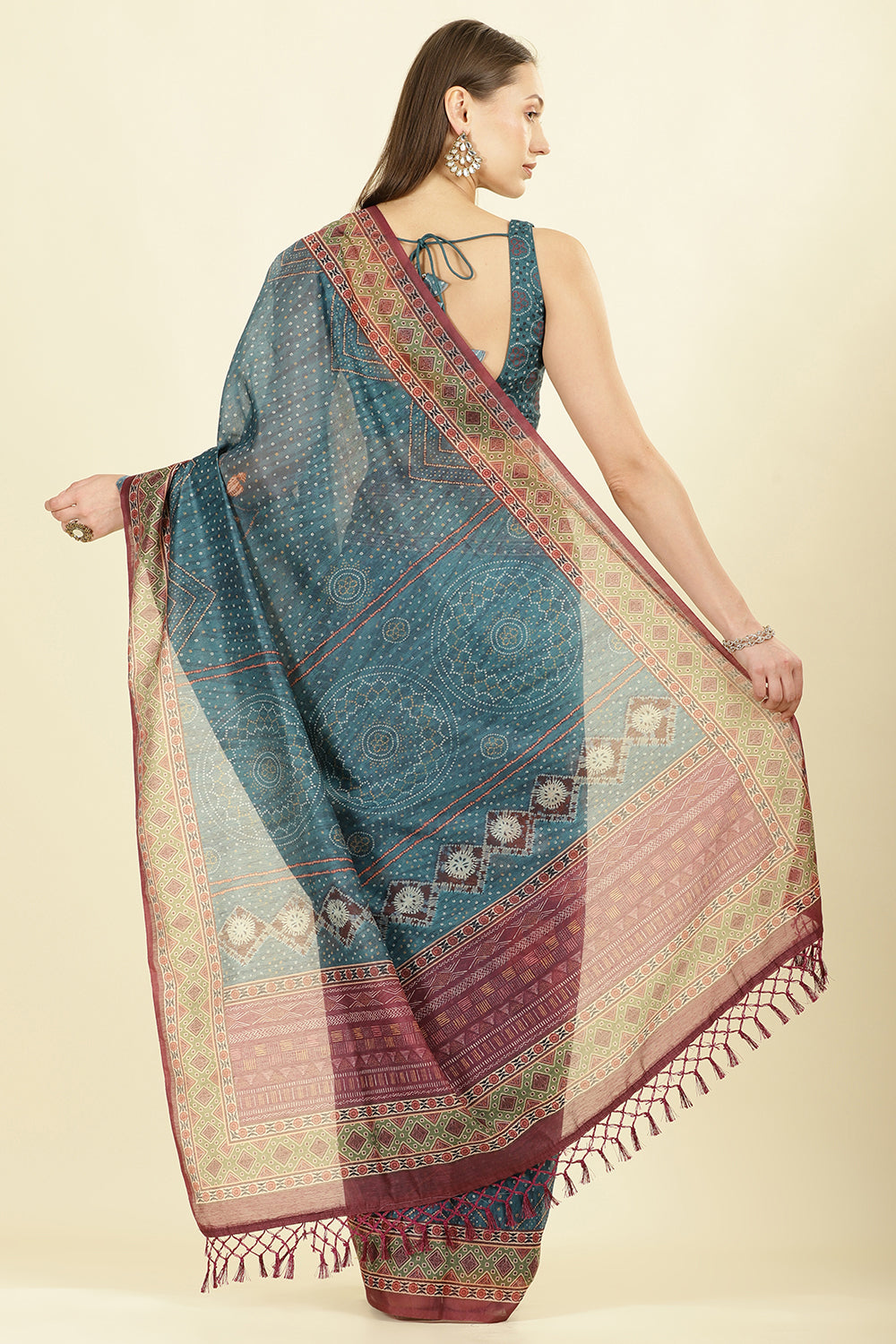 Blue Organza Cotton Bandhani Block Printed Saree