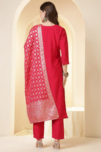 Fushia Pink Color Silk Neck Embroidered Suit Set