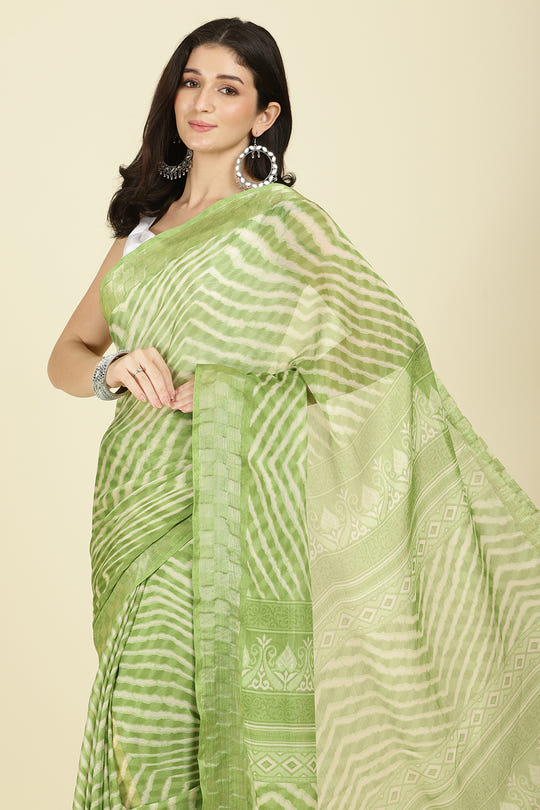 Olive Green Color Chiffon Leheriya Printed Saree