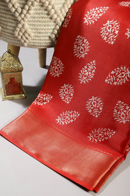 Coral Red Color Block Printed Cotton Silk Saree