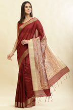 Maroon Color Cotton Silk Madhubani Print Saree