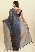 Grey & Blue Cotton Silk Printed Saree