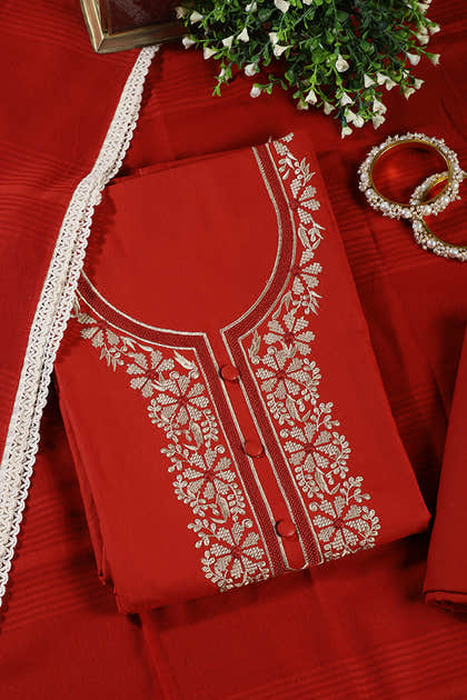Rust Red Cotton Resham Embroidered Unstitched Suit