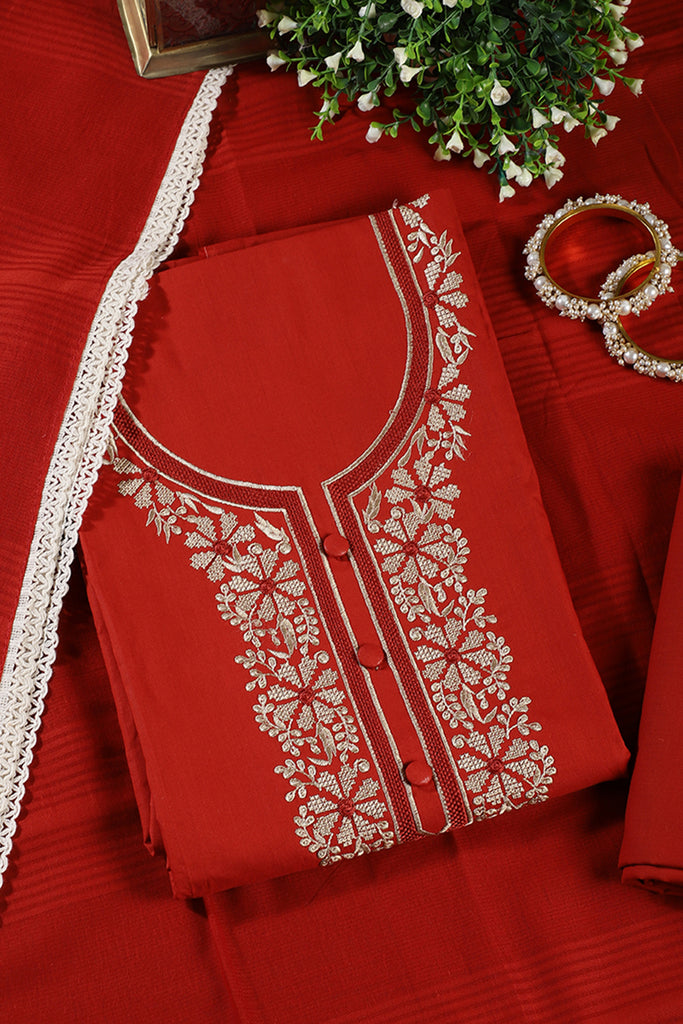 Rust Red Cotton Resham Embroidered Unstitched Suit