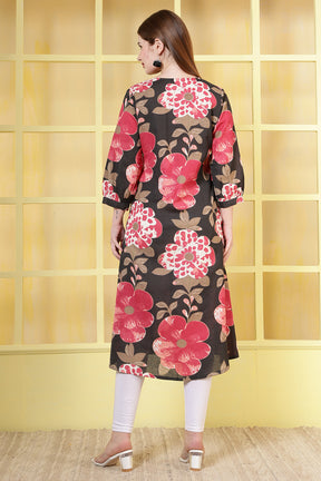 Black Cotton Floral Printed Kurta