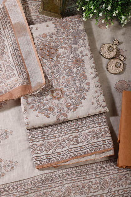 Beige & Brown Floral Printed Unstitched Suit Fabric