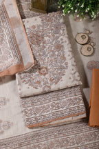 Beige & Brown Floral Printed Unstitched Suit Fabric