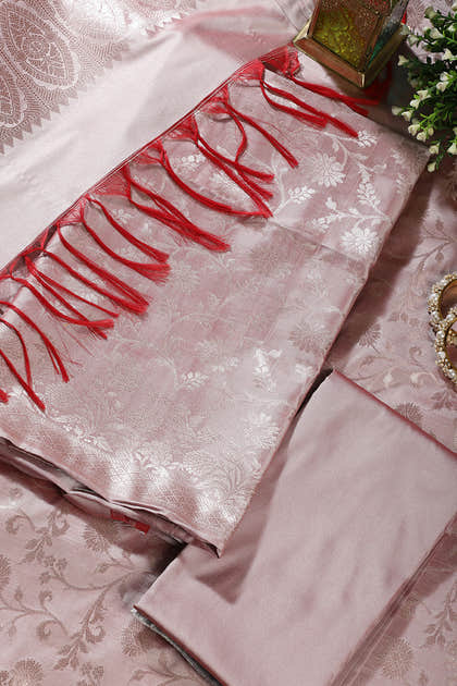 Light Mauve Zari Floral Woven Silk Unstitched Suit Fabric