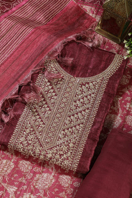Wine Tussar Silk Neck Zari Embroidered Unstitched Suit