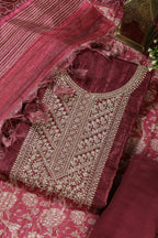 Wine Tussar Silk Neck Zari Embroidered Unstitched Suit