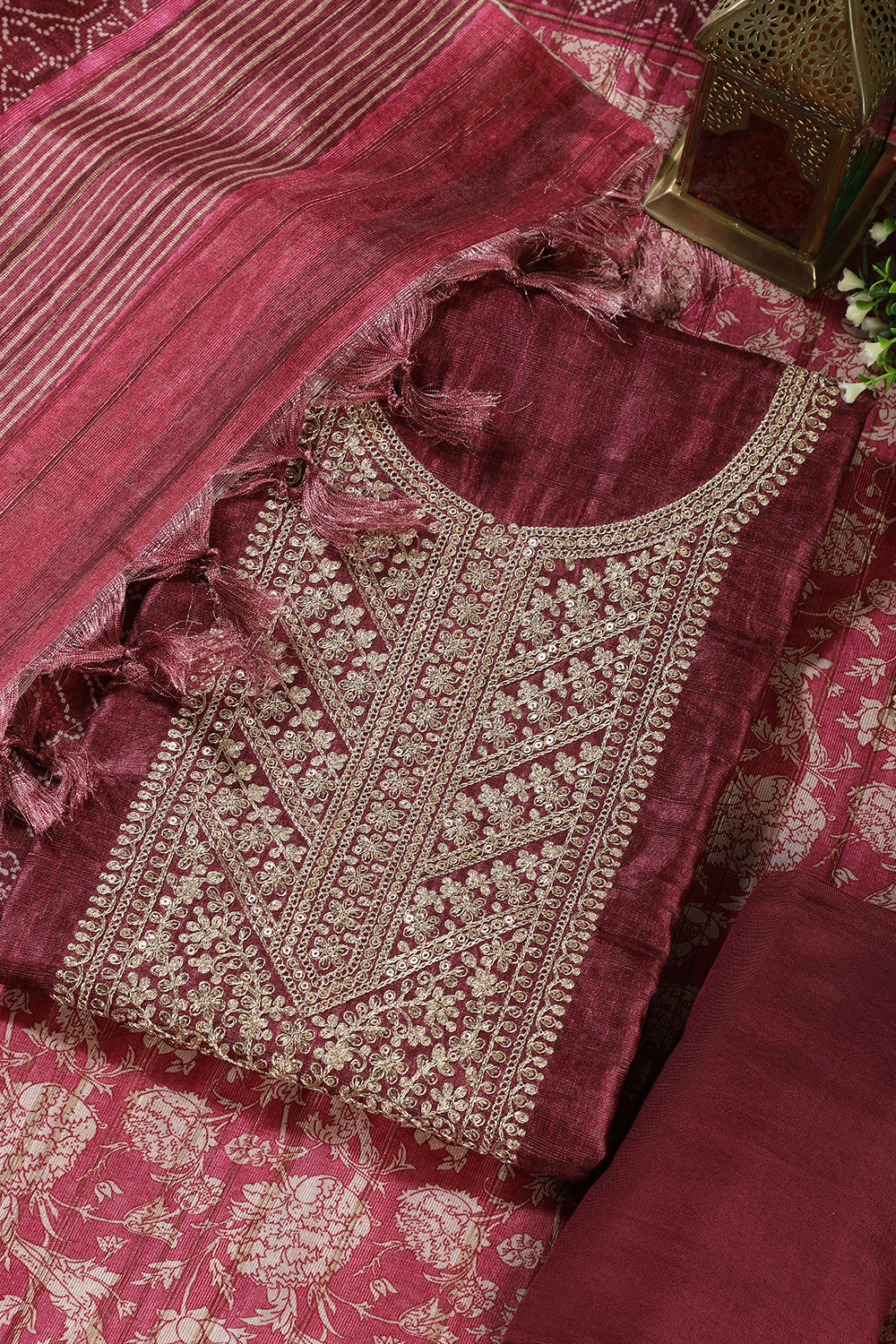Wine Tussar Silk Neck Zari Embroidered Unstitched Suit