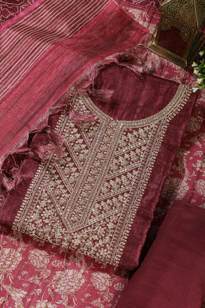 Wine Tussar Silk Neck Zari Embroidered Unstitched Suit