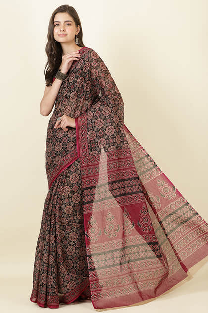Black & Wine Cotton Bagru Printed Saree
