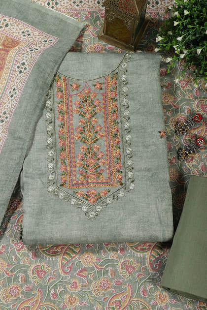 Green Cotton Resham Embroidered Unstitched Suit