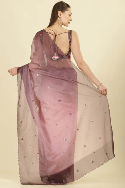 Ombre Dusty Rose Organza Saree With Mirror Work