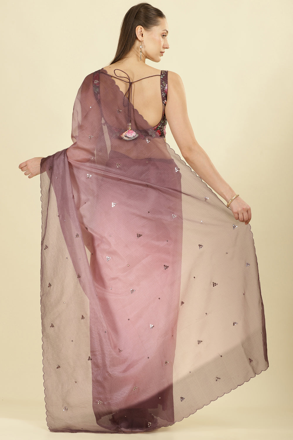 Ombre Dusty Rose Organza Saree With Mirror Work