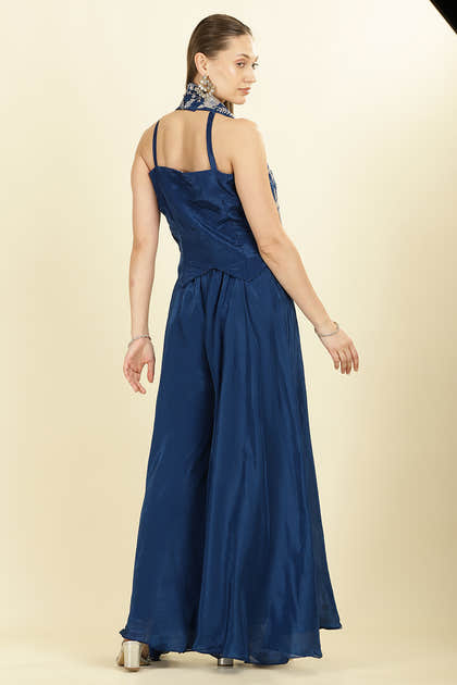 Blue Crepe Silk Emboridered Crop-Top With Palazzo Indo-Western Co-ord Set