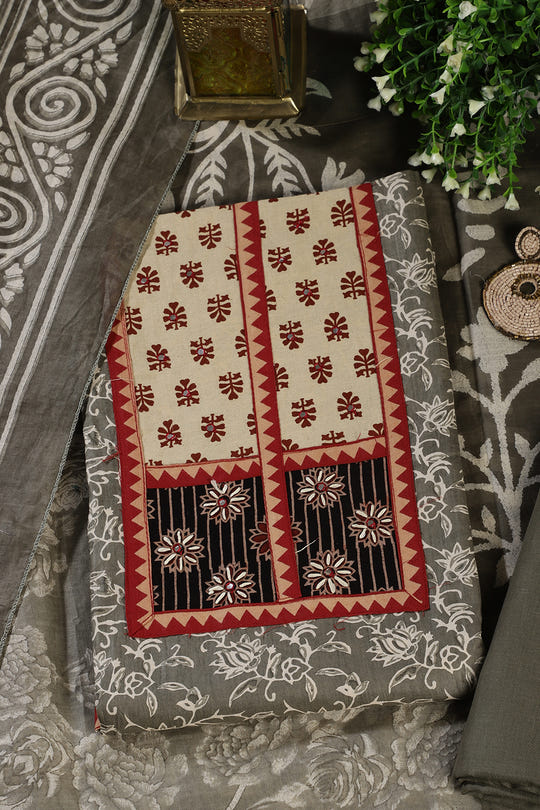 Greyish Green Mirror Work And Printed Cotton Unstitched Suit Material