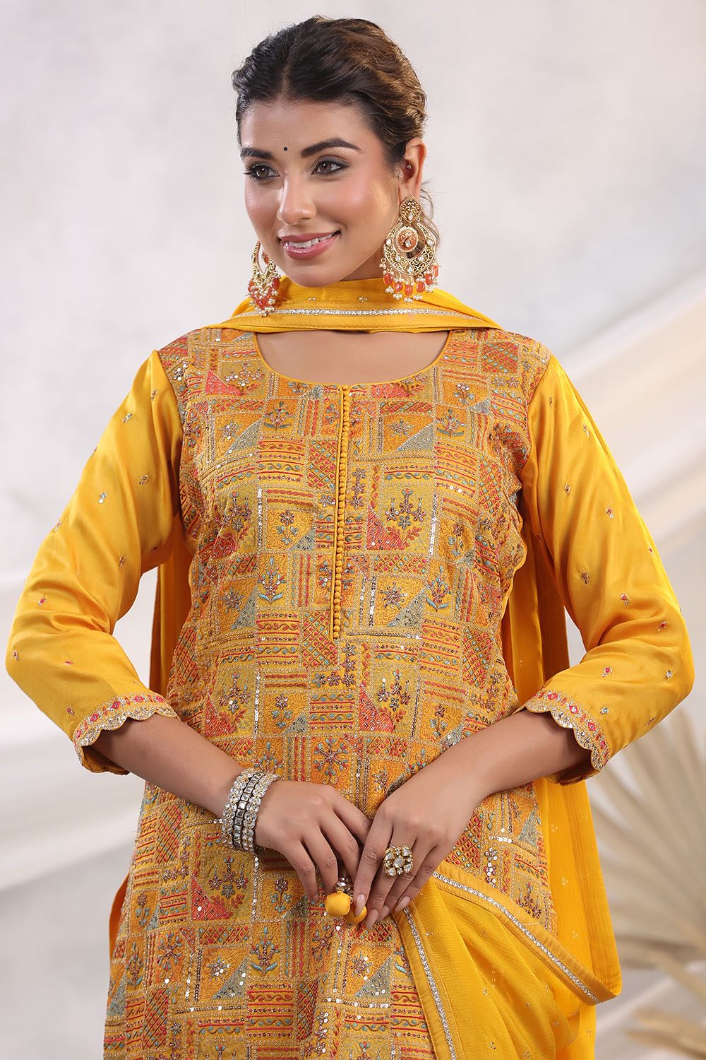 Mustard Color Embroidered Georgette Unstitched Suit Fabric