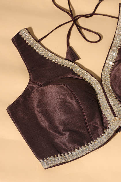 Brown Tussar Silk Zari And Sequins Embroidered Readymade Blouse
