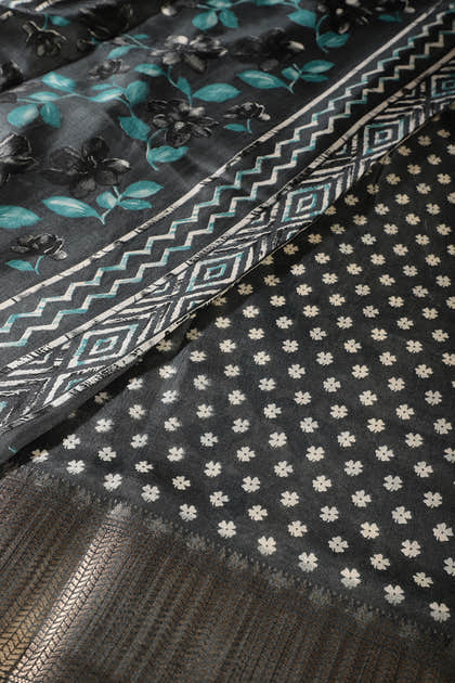 Teal & Cream Colour Floral Printed Cotton Silk Saree