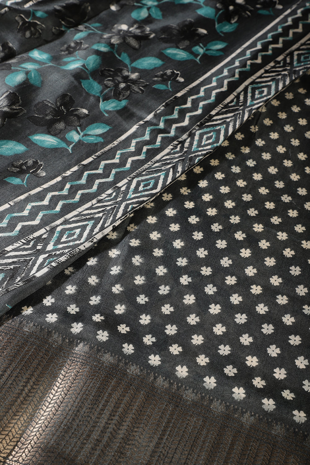 Teal & Cream Colour Floral Printed Cotton Silk Saree
