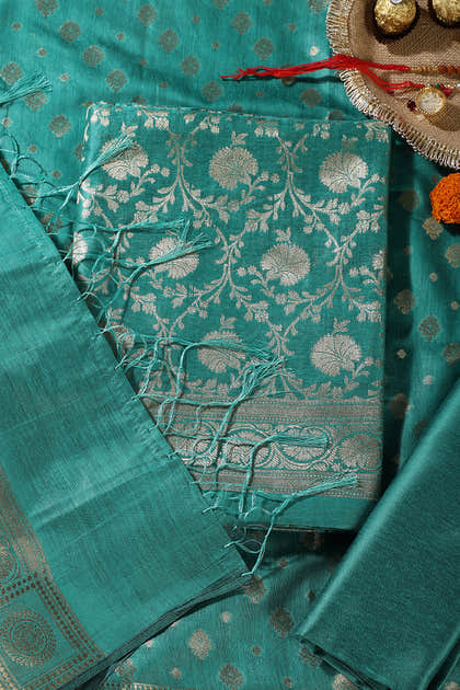 Teal Green Colour Zari Woven Silk Unstitched Suit Fabric