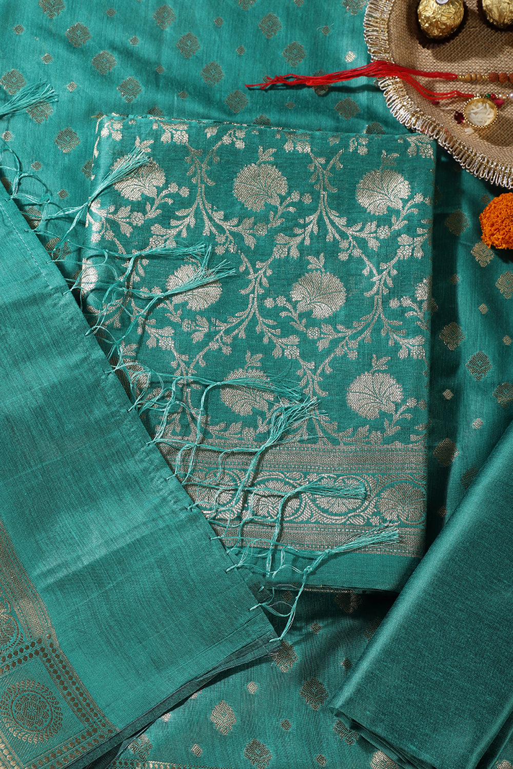 Teal Green Colour Zari Woven Silk Unstitched Suit Fabric