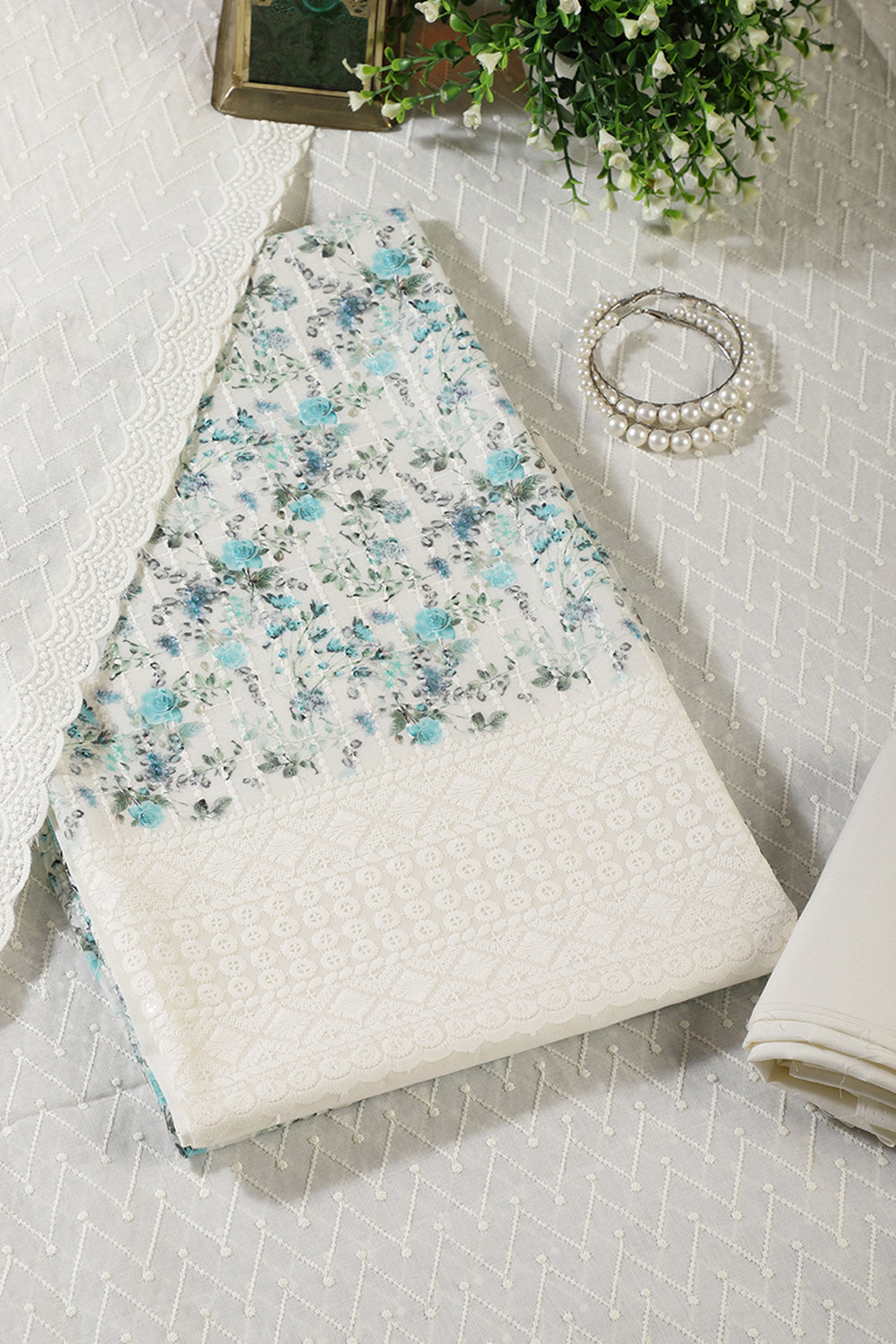 Cream & Blue Cotton Chikankari Work Floral Printed Unstitched Suit